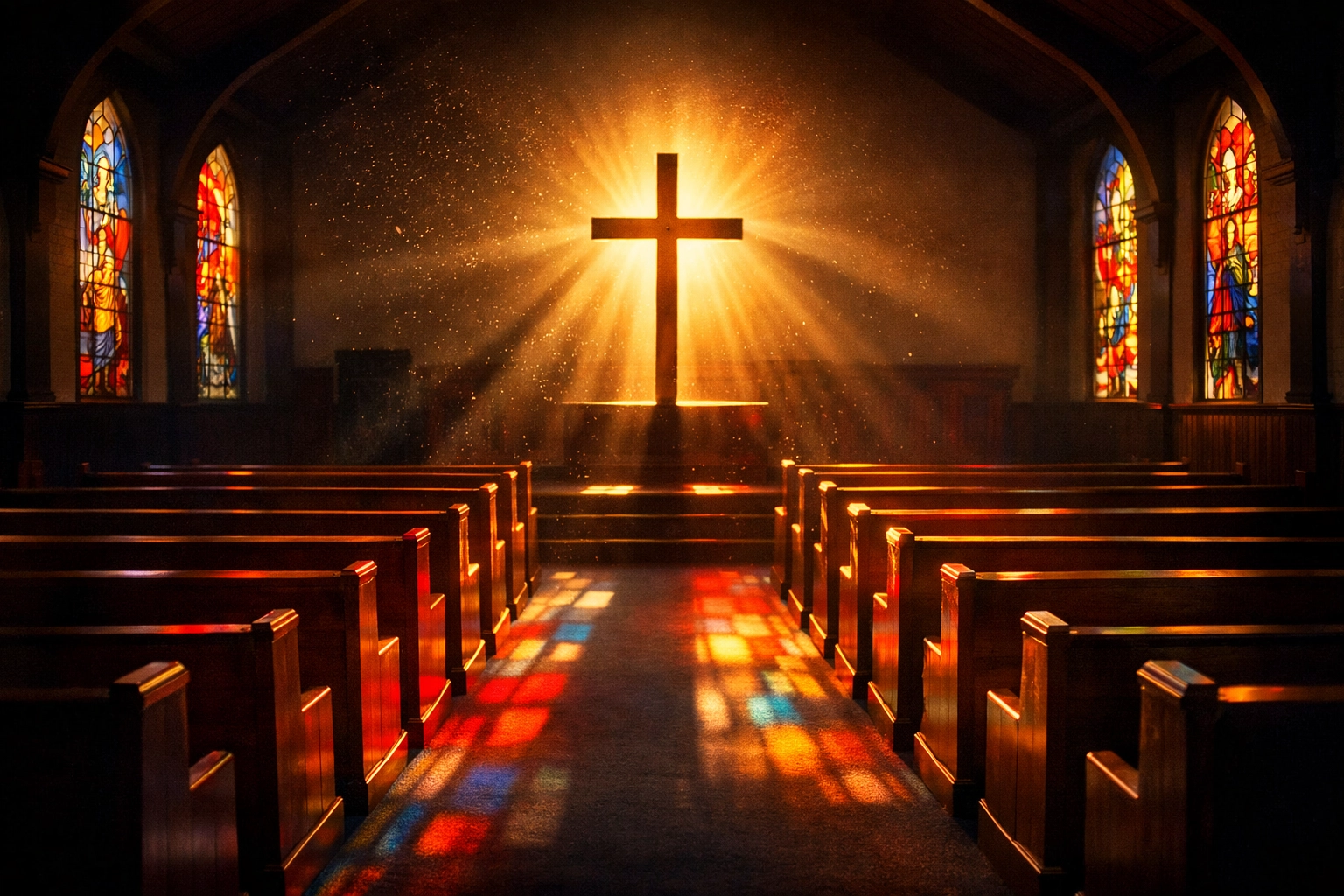 Peaceful church sanctuary with cross and sunlight through stained glass windows