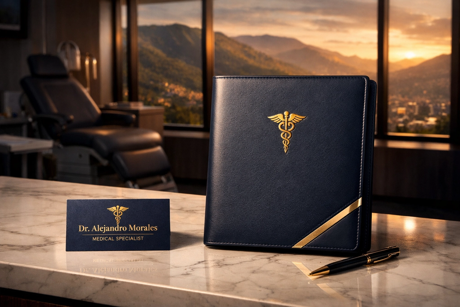 Imagen corporativa médica premium con papelería elegante en un consultorio moderno en Medellín.