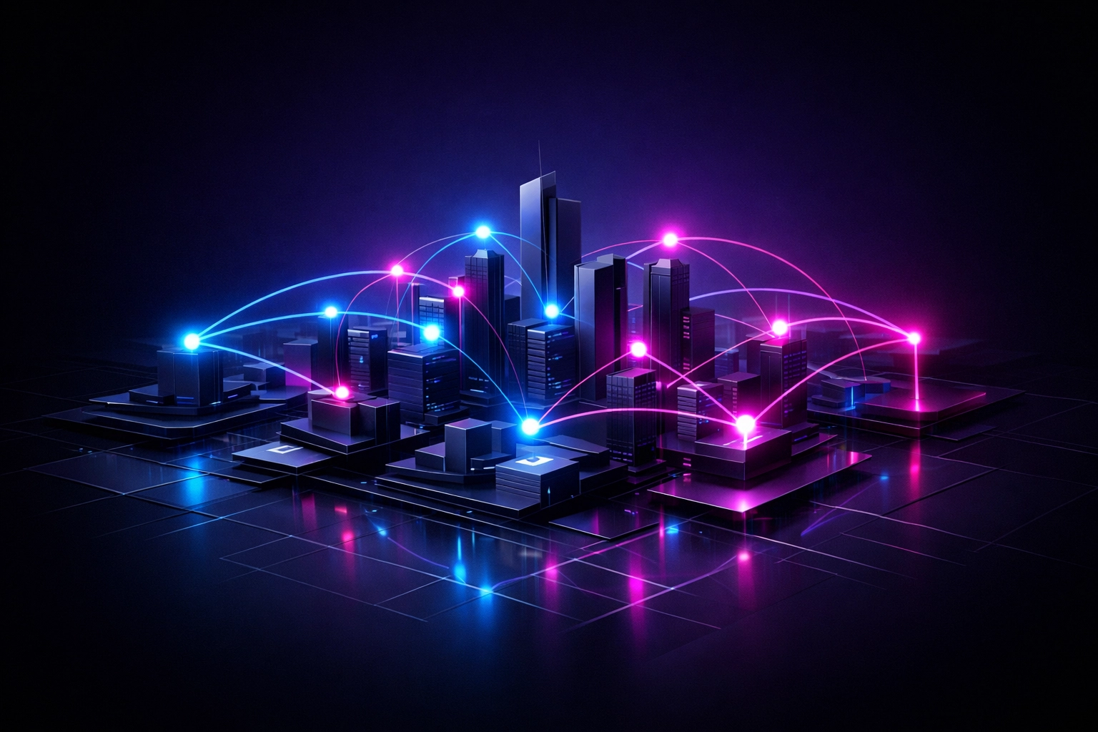 Connected urban buildings illustrating a local link building network for a neighborhood SEO strategy.