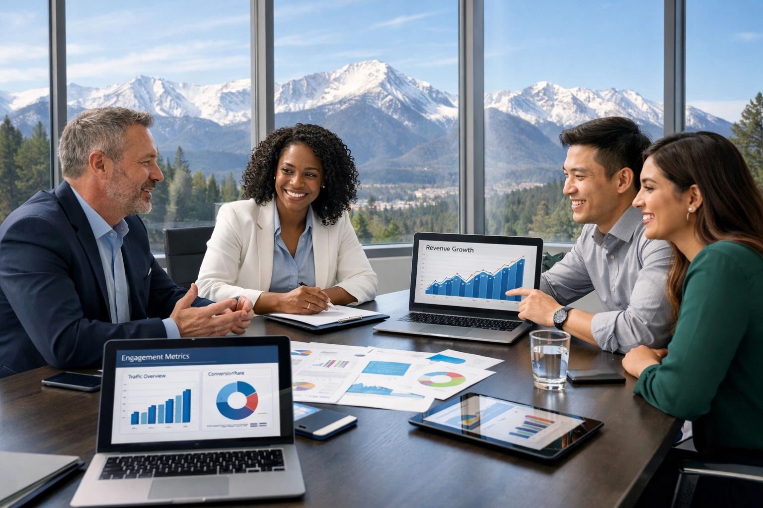 Strategy meeting for multi-sector digital media solutions with analytics dashboards