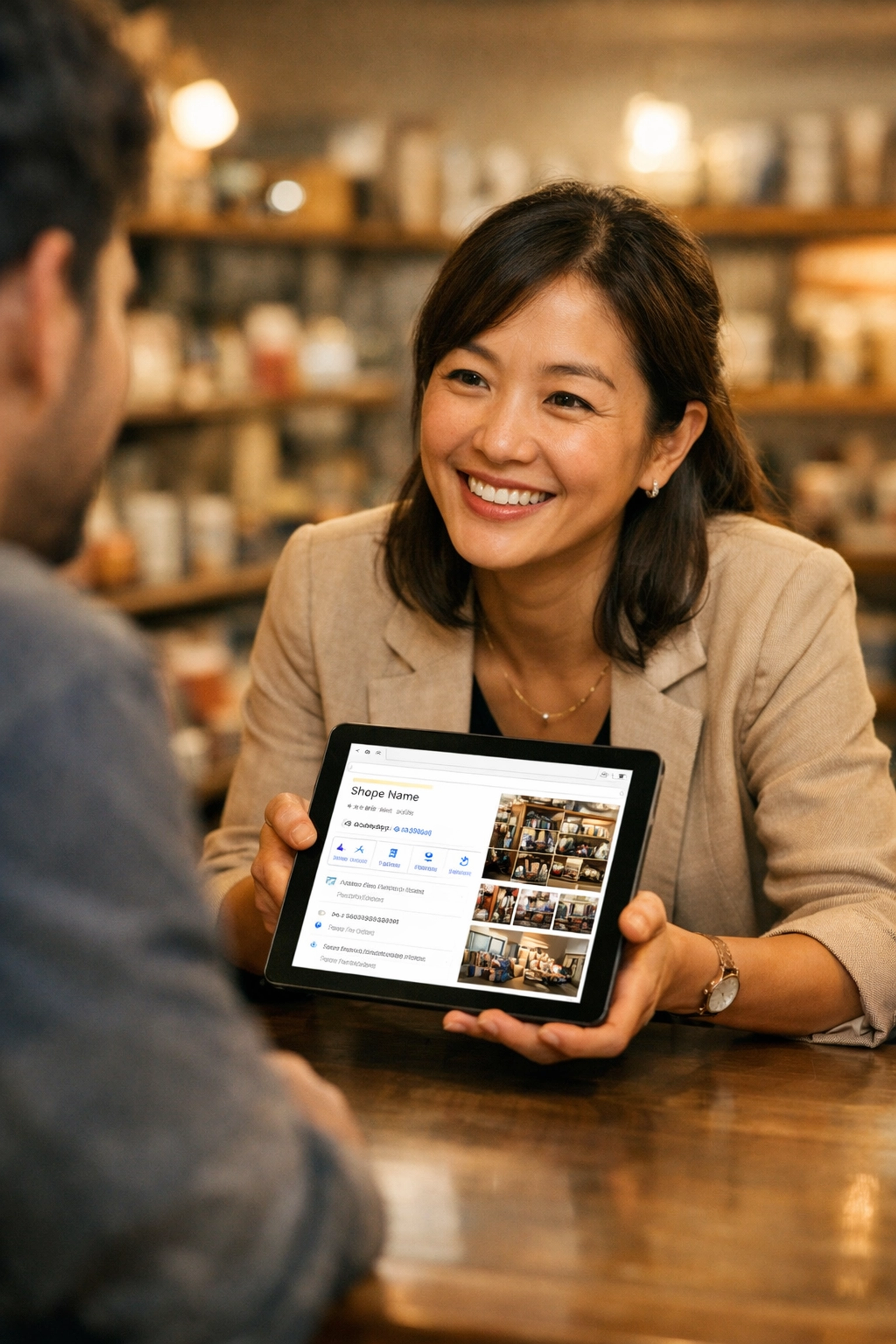 Local business owner showing Google Business Profile to customer on tablet