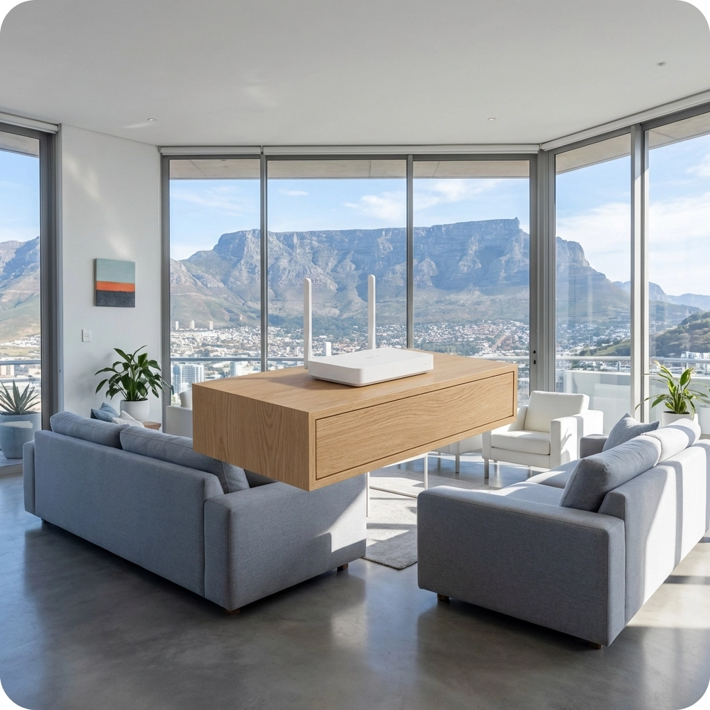 Modern Cape Town living room with WiFi router placed centrally, Table Mountain view, highlighting ideal router setup for strong signal