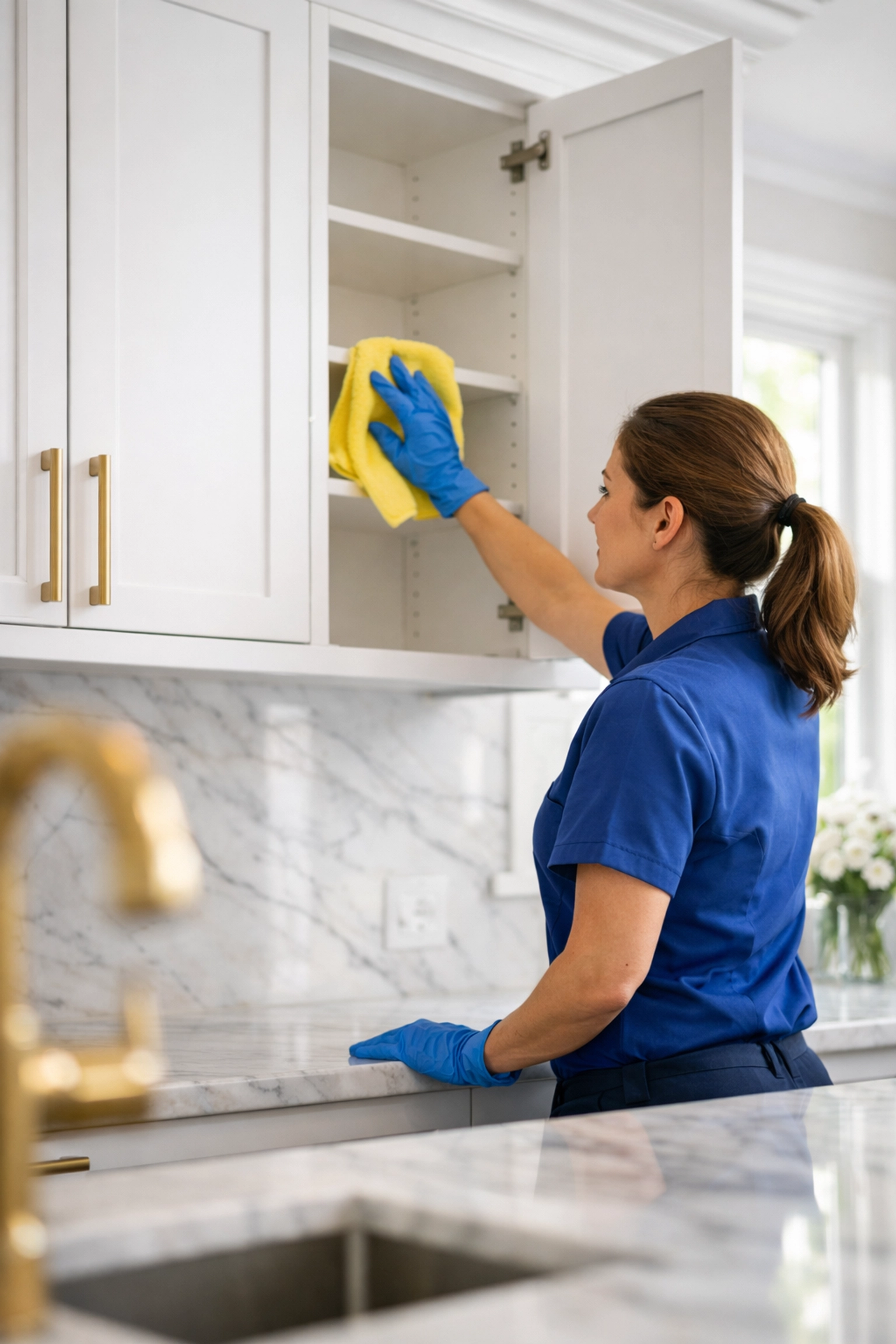Professional cleaner performing post construction cleaning Maynard by wiping dust from new white kitchen cabinets.