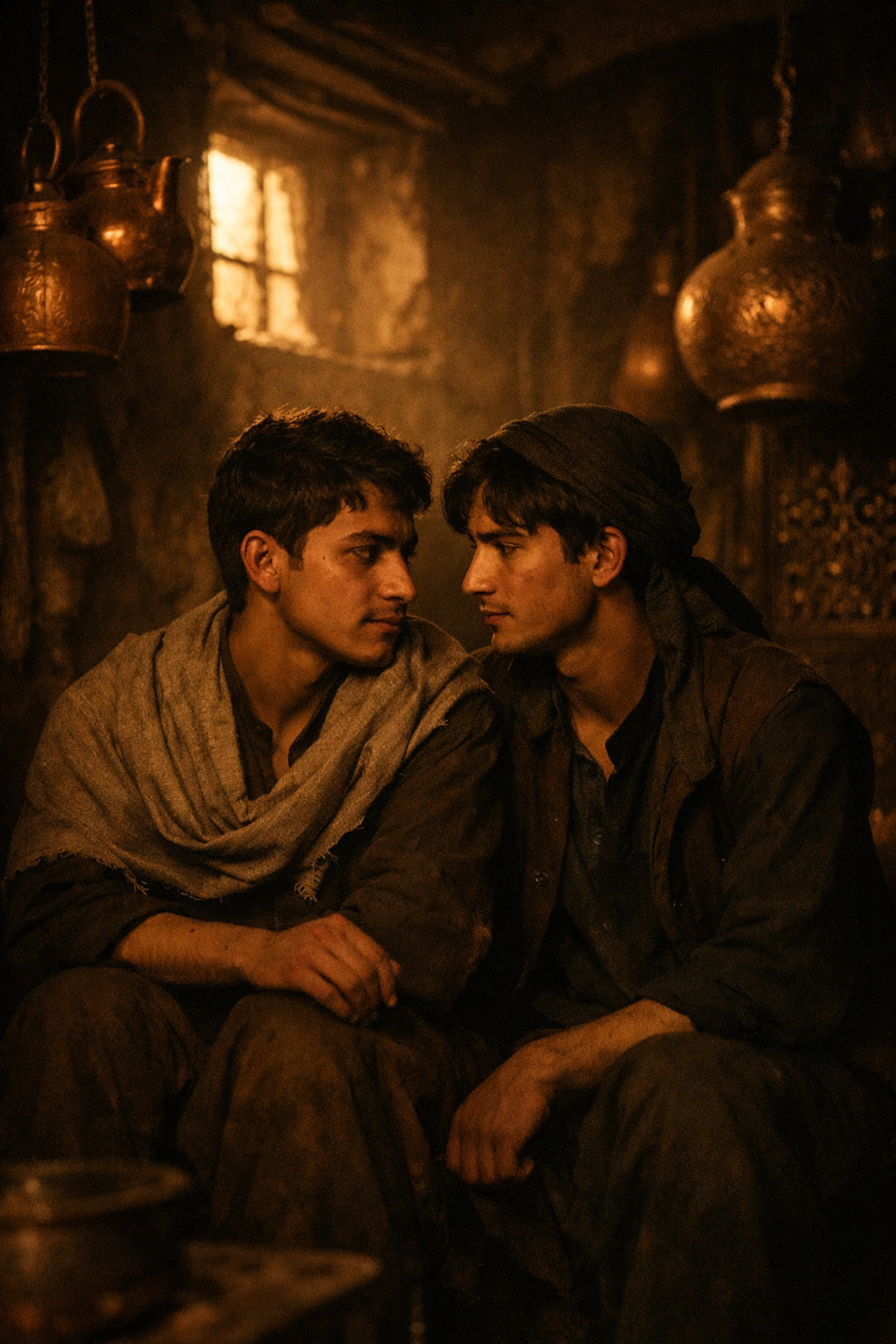 Two men sharing intimate moment in Kabul metalwork workshop - forbidden gay romance in Afghanistan