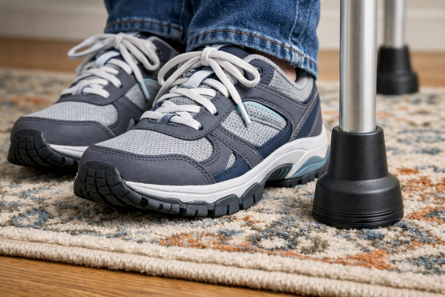 Non-slip walking shoes for seniors next to a walker to prevent falls and provide stability.
