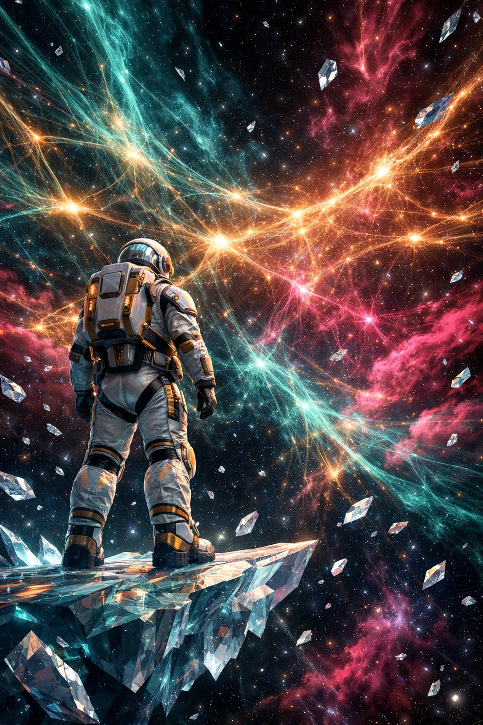 An astronaut viewing a digital nebula representing the limitless potential of the Larecoin.ai ecosystem.