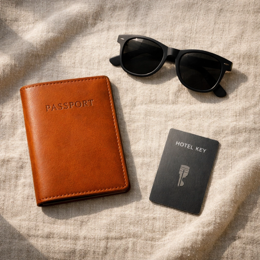 Travel essentials and a hotel key card symbolizing a frictionless international guest journey.