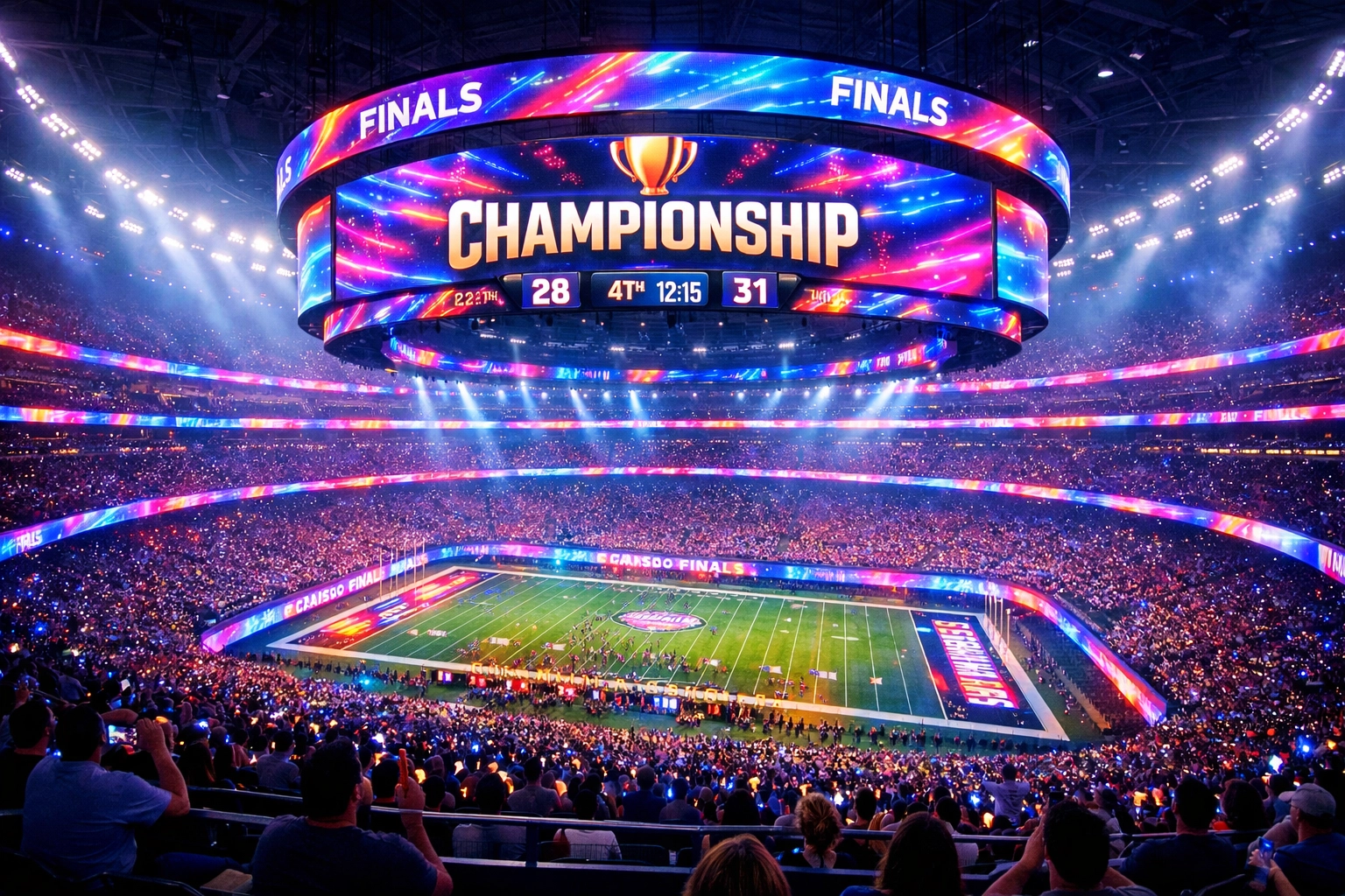 Total venue dominance with synchronized digital screens and ribbon boards in a championship stadium.