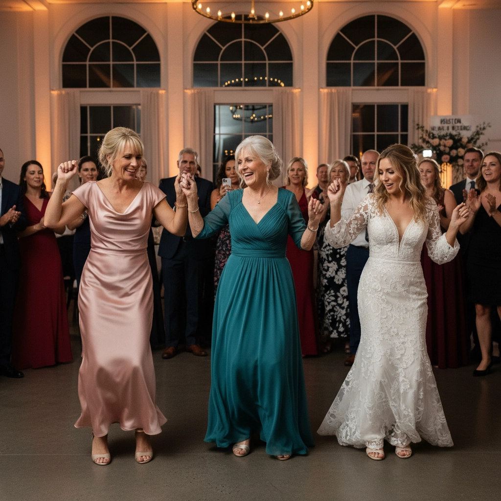 Three women joyfully dance at a wedding; one in a white gown, another in teal, and one in pink. Guests watch in a warmly lit room.