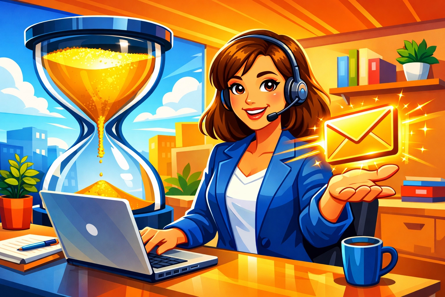 Professional handling fast enquiry responses with an hourglass symbolising quick lead follow-up.