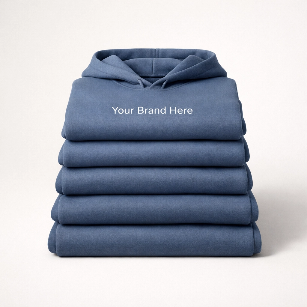 Organized stack of custom branded hoodies in multiple sizes for inclusive business apparel orders.