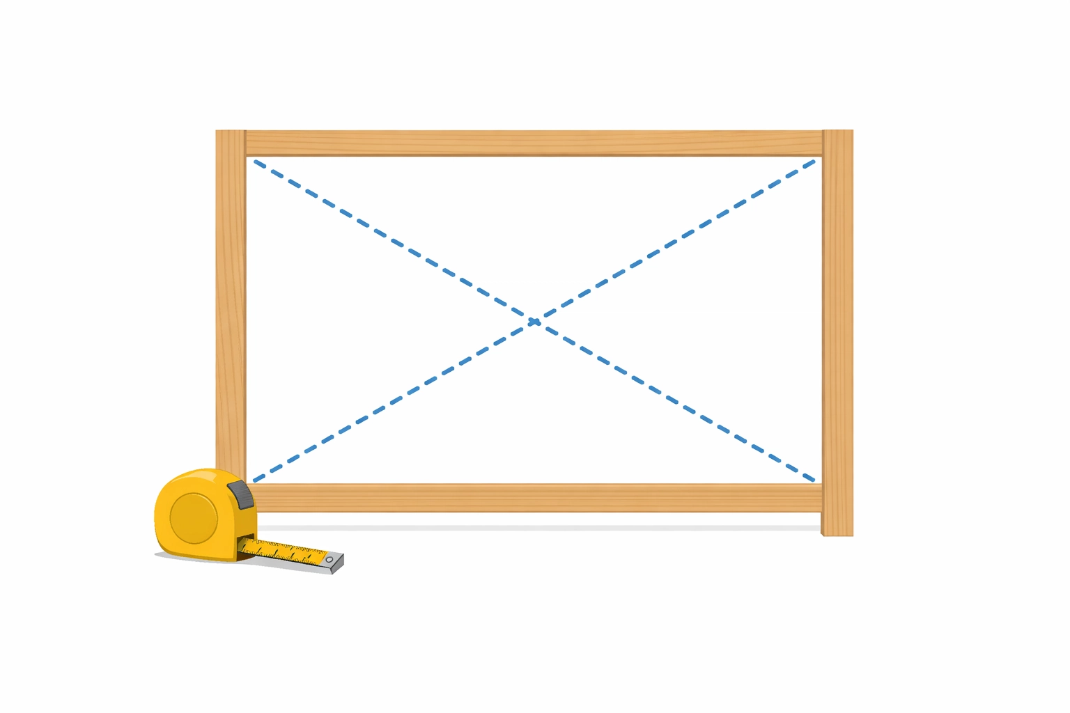Measuring a furniture frame diagonally with a tape measure to ensure it is perfectly square.
