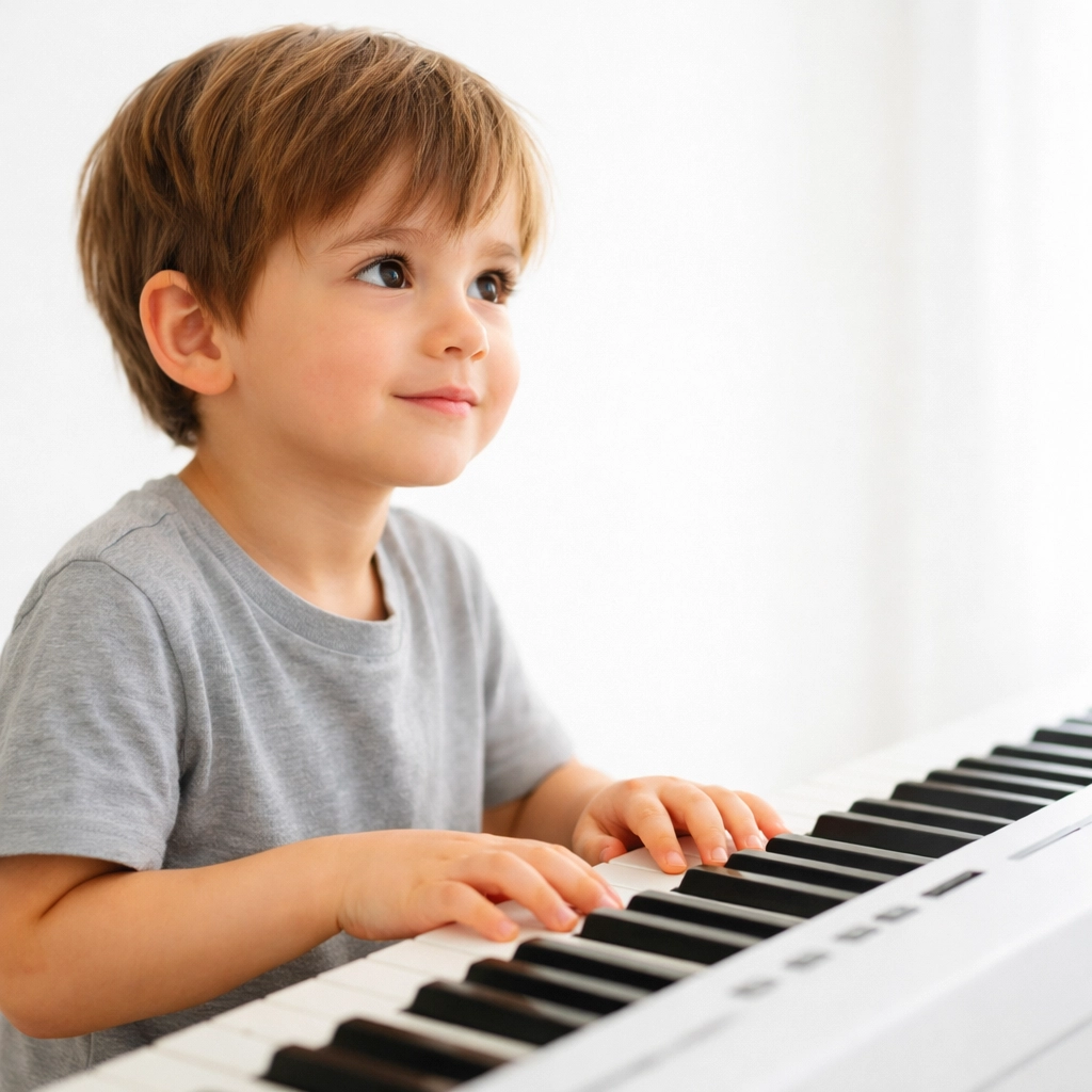 Young child showing readiness for piano lessons while sitting at keyboard