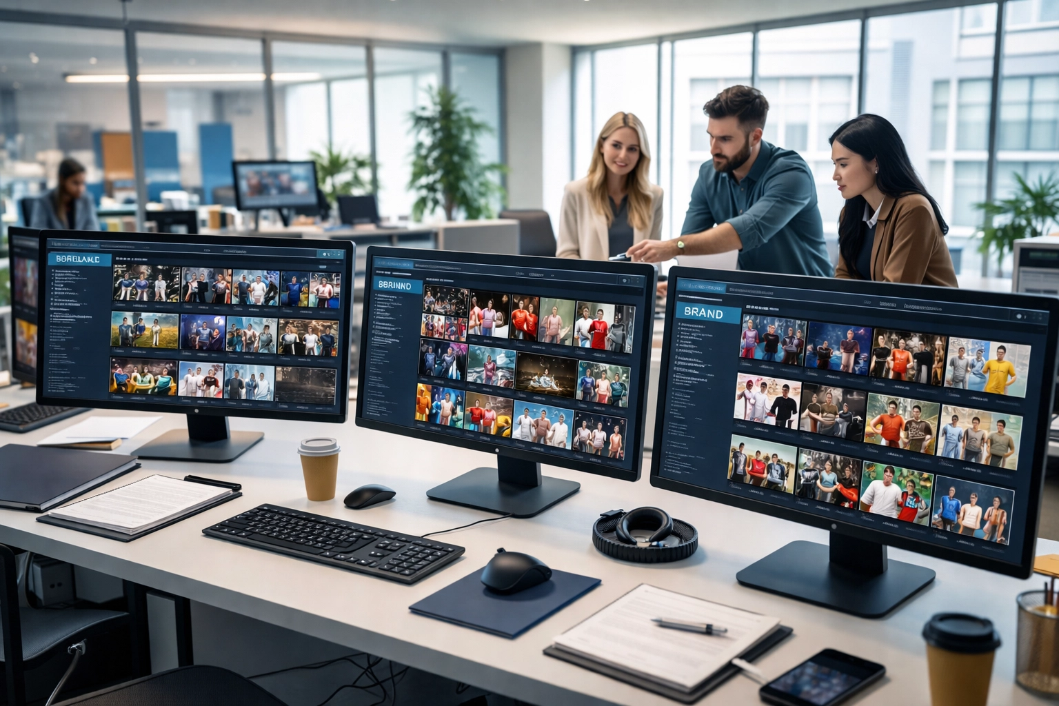 Sports marketing professionals collaborate in a modern office, managing digital media assets for brand engagement.