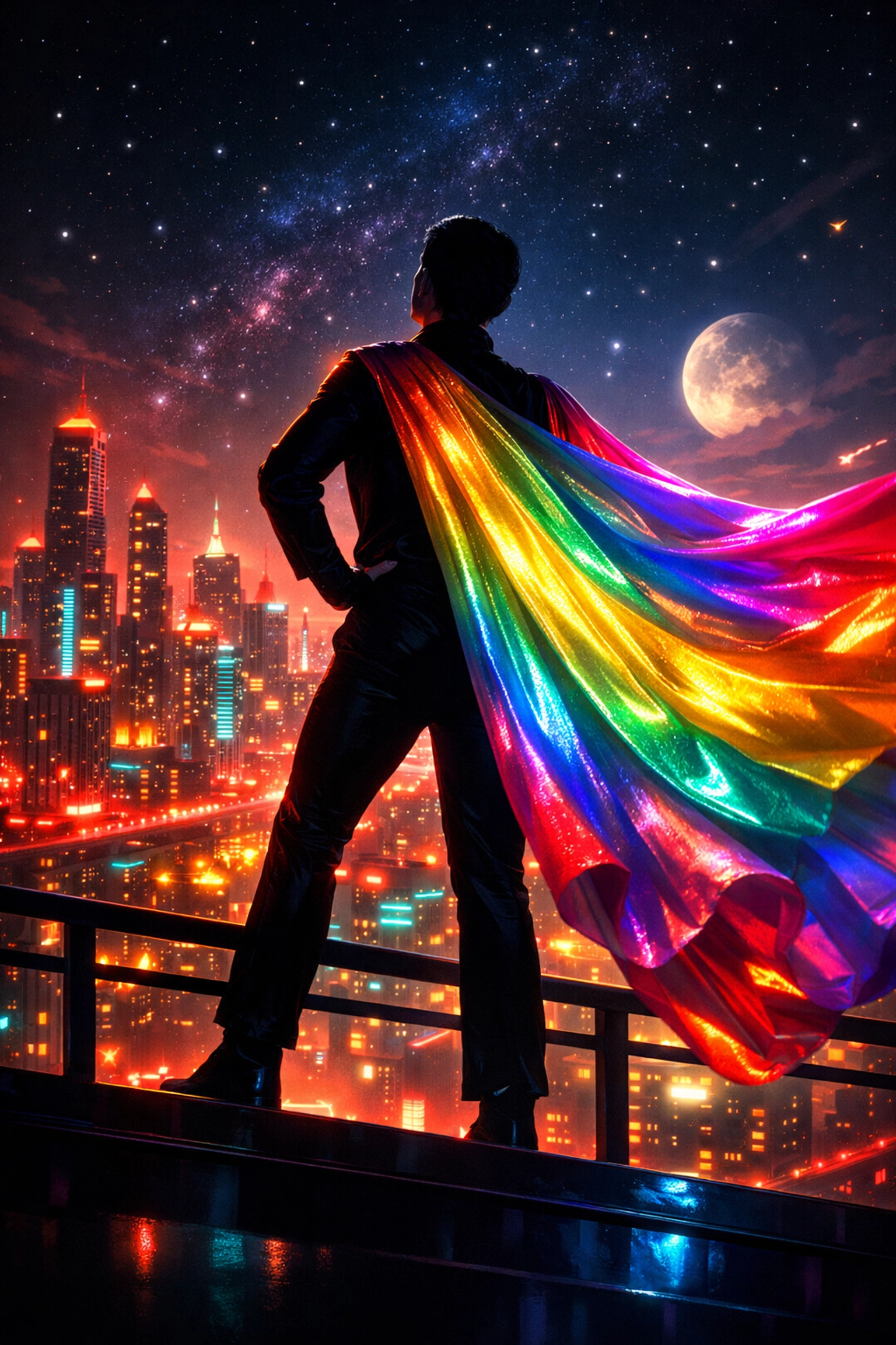 A triumphant silhouette overlooking a neon city, representing sexual empowerment and health self-advocacy.