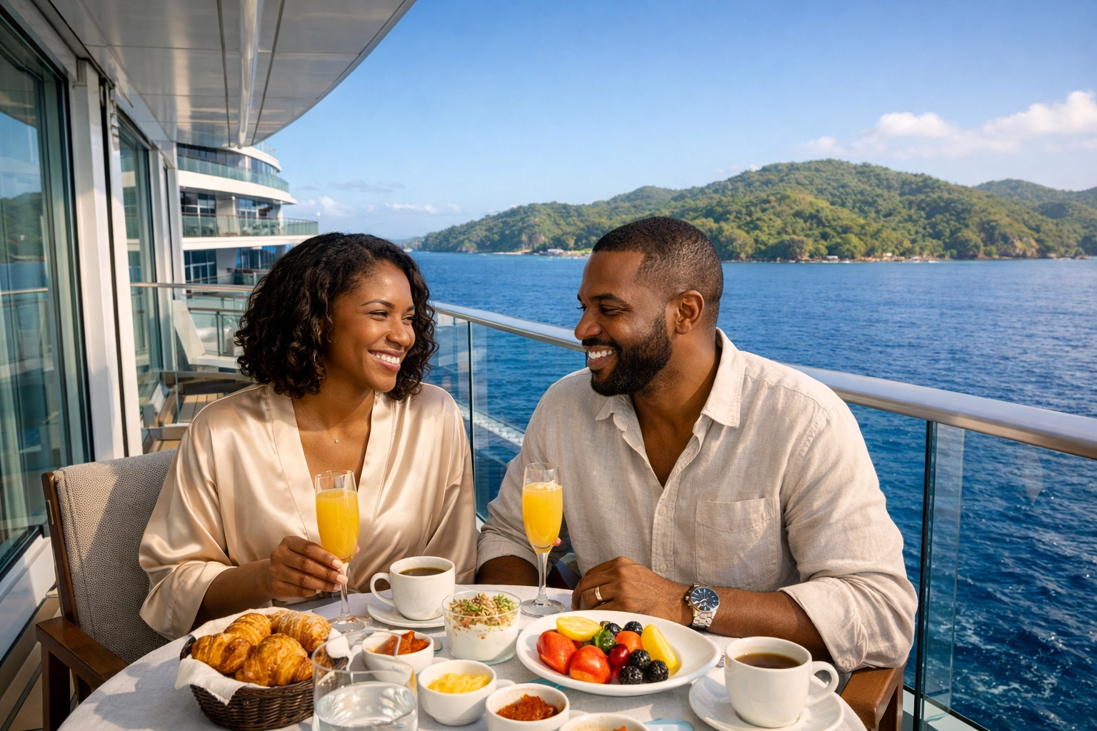 Couple enjoying breakfast on a private balcony, booked via a cruise travel agent for luxury cruise deals.