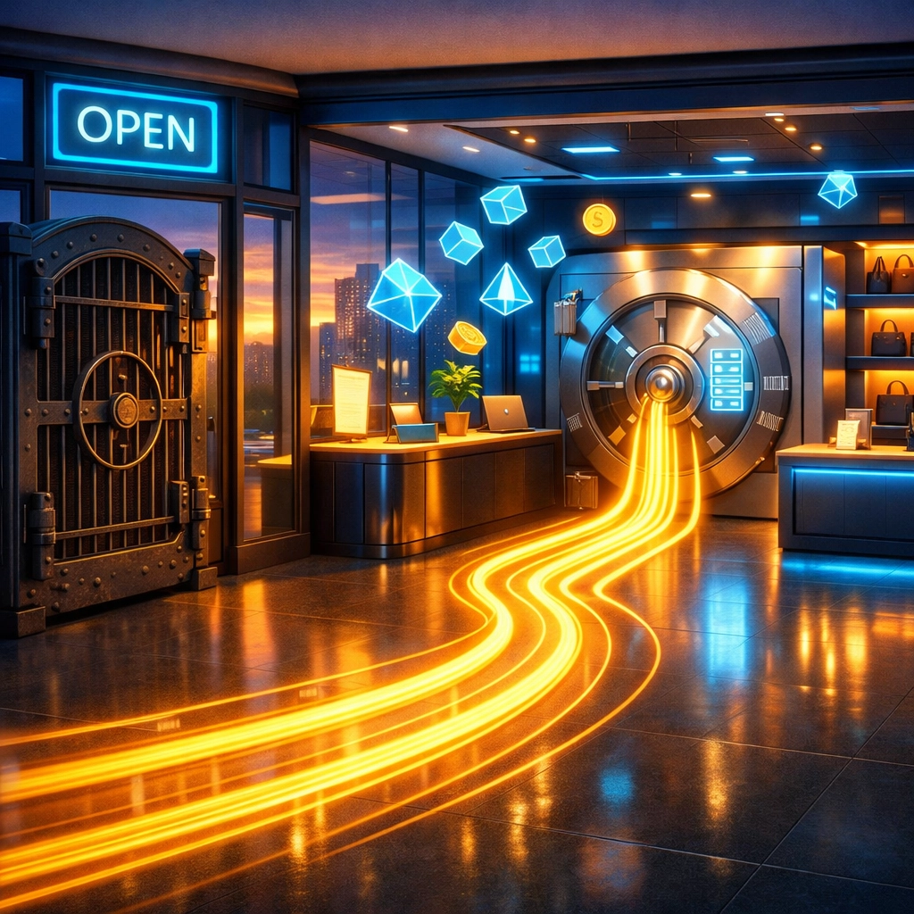 Modern boutique storefront bypassing bank fees with direct Larecoin AI-powered crypto payments into a secure digital vault.