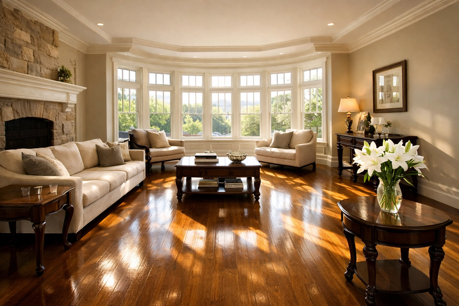 Pristine Newton MA living room with sunlit polished floors after bi-weekly cleaning.