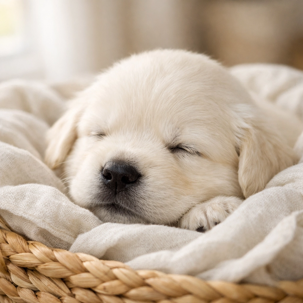 English Cream Golden Retriever puppy resting during early socialization training in Boring, Oregon.