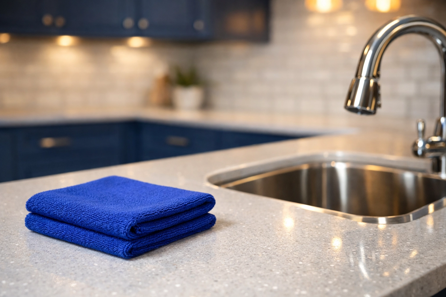 Sparkling white quartz kitchen countertop showcasing expert house cleaning Reading MA standards.