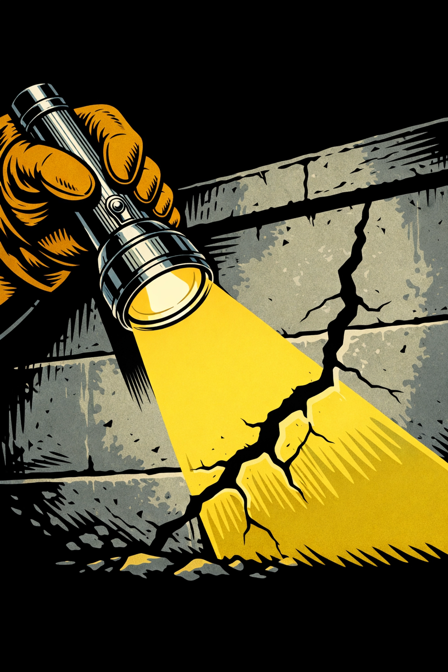 Handyman inspecting a concrete foundation crack with a flashlight for spring home repairs in Northwood NH.