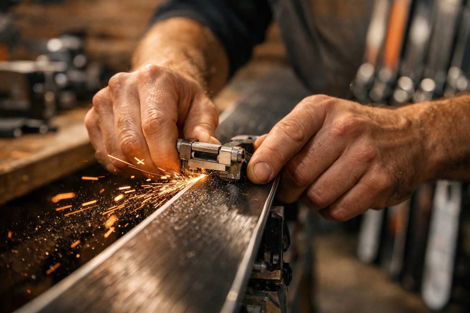 Entretien et affûtage de skis freeride à Verbier par un technicien professionnel pour une glisse parfaite.