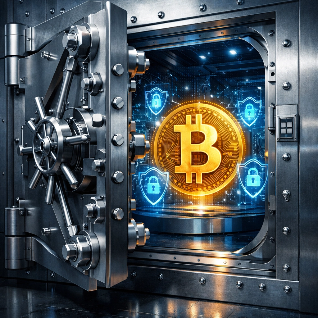 Secure vault protecting Bitcoin with institutional-grade custody and digital security measures