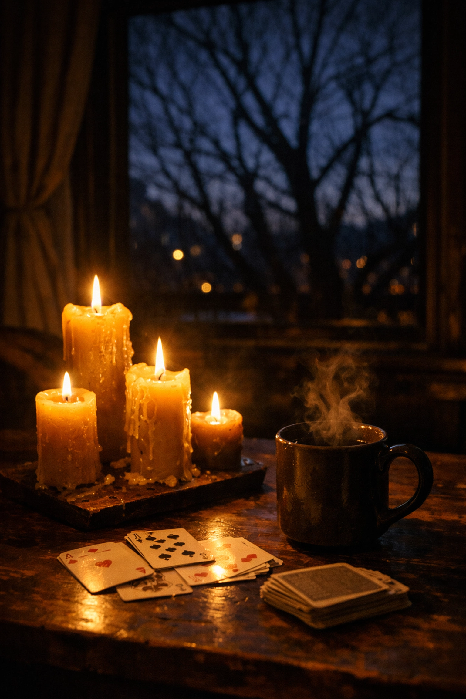 Candles flicker on a table during a power outage in a cozy Montreal home after a storm.