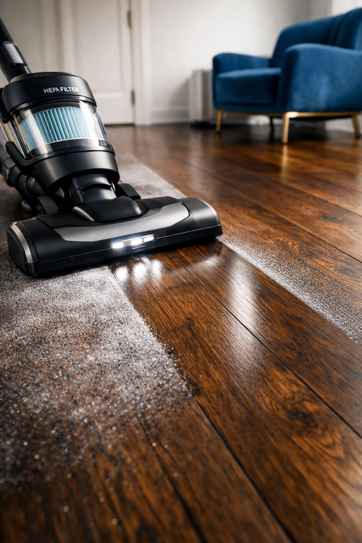 Using a HEPA vacuum to remove construction dust from dark hardwood floors as part of a deep cleaning strategy.