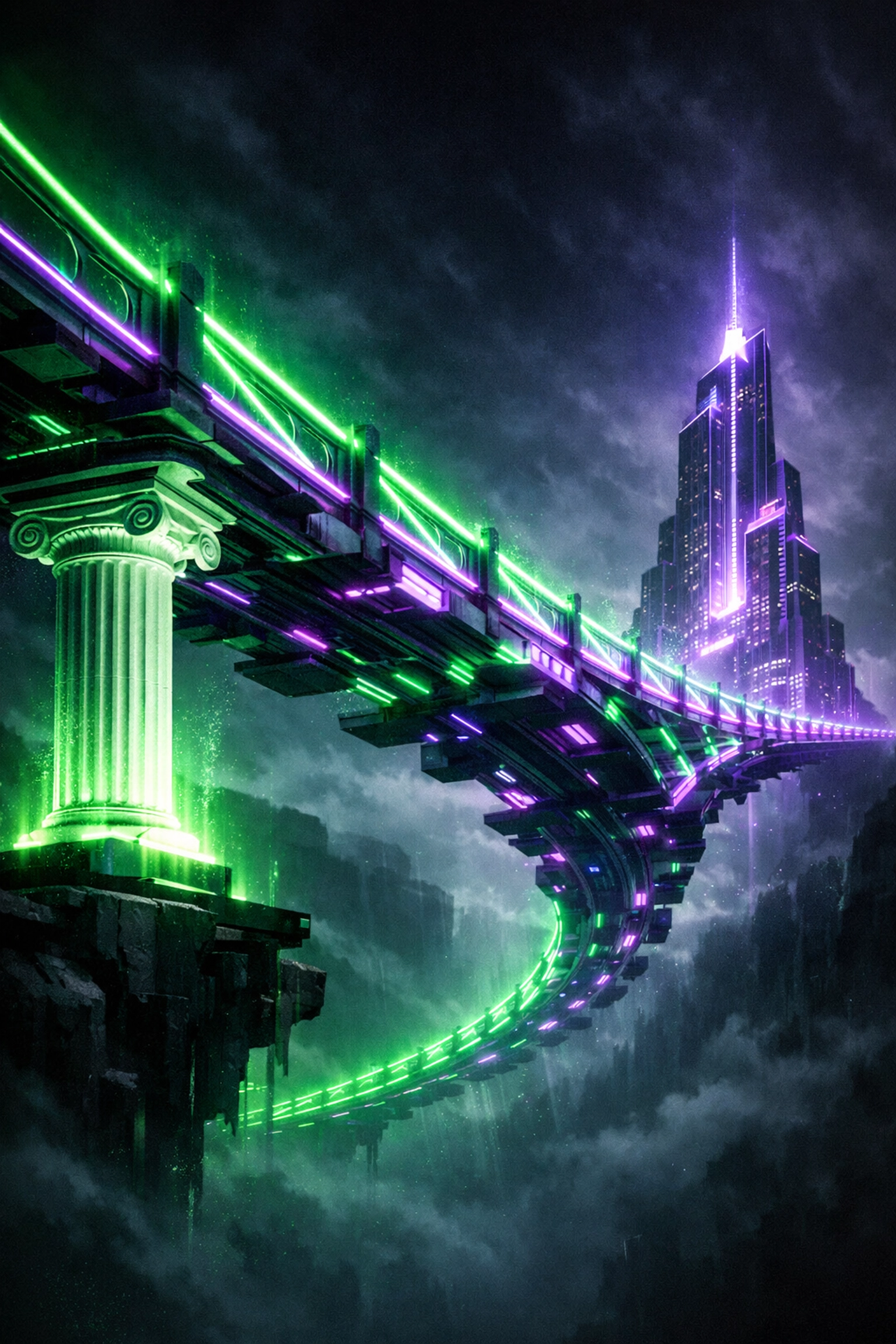 A futuristic bridge representing how AI automation connects college graduates to professional careers.