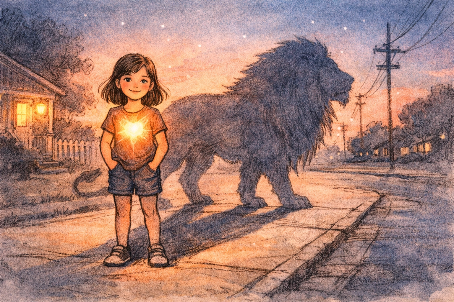 A young girl with a glowing heart and lion shadow symbolizing spiritual boldness and God's power.