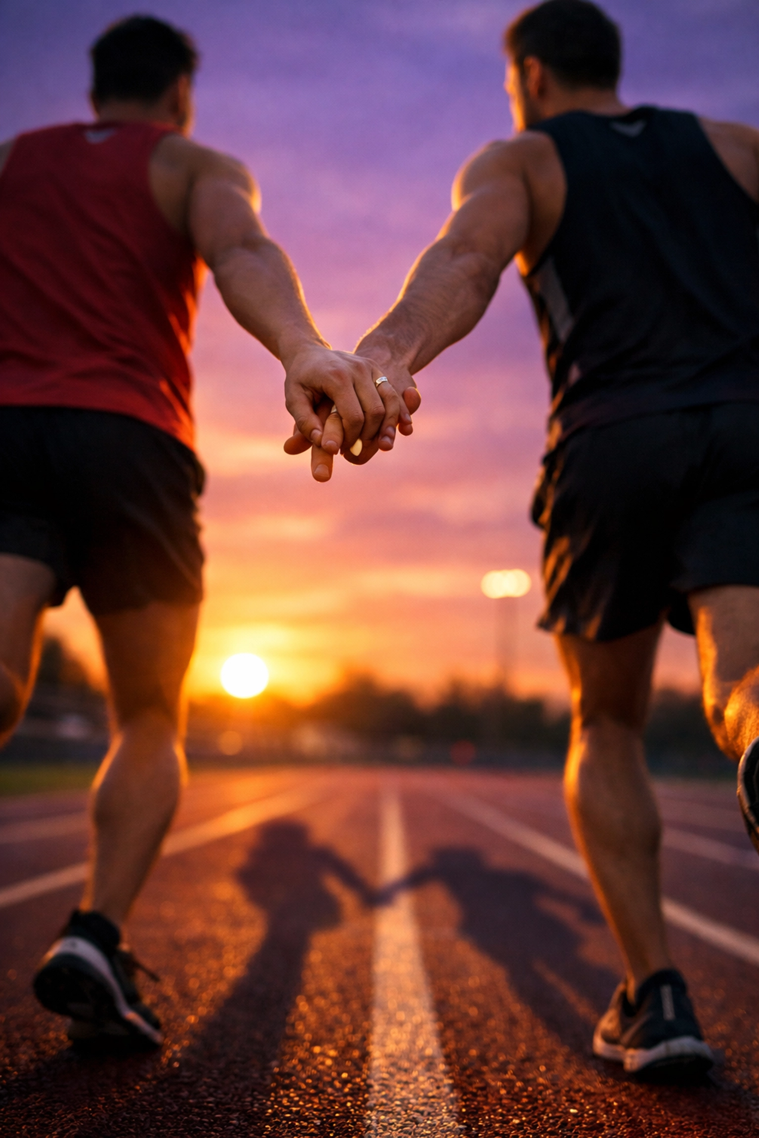 Two male runners holding hands on sunset track symbolizing connection in gay sports romance