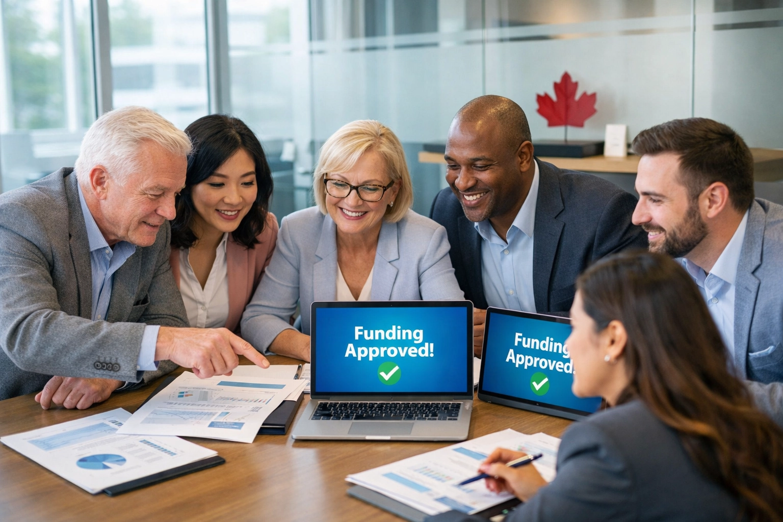 Canadian business owners reviewing funding options and loan documents in conference meeting