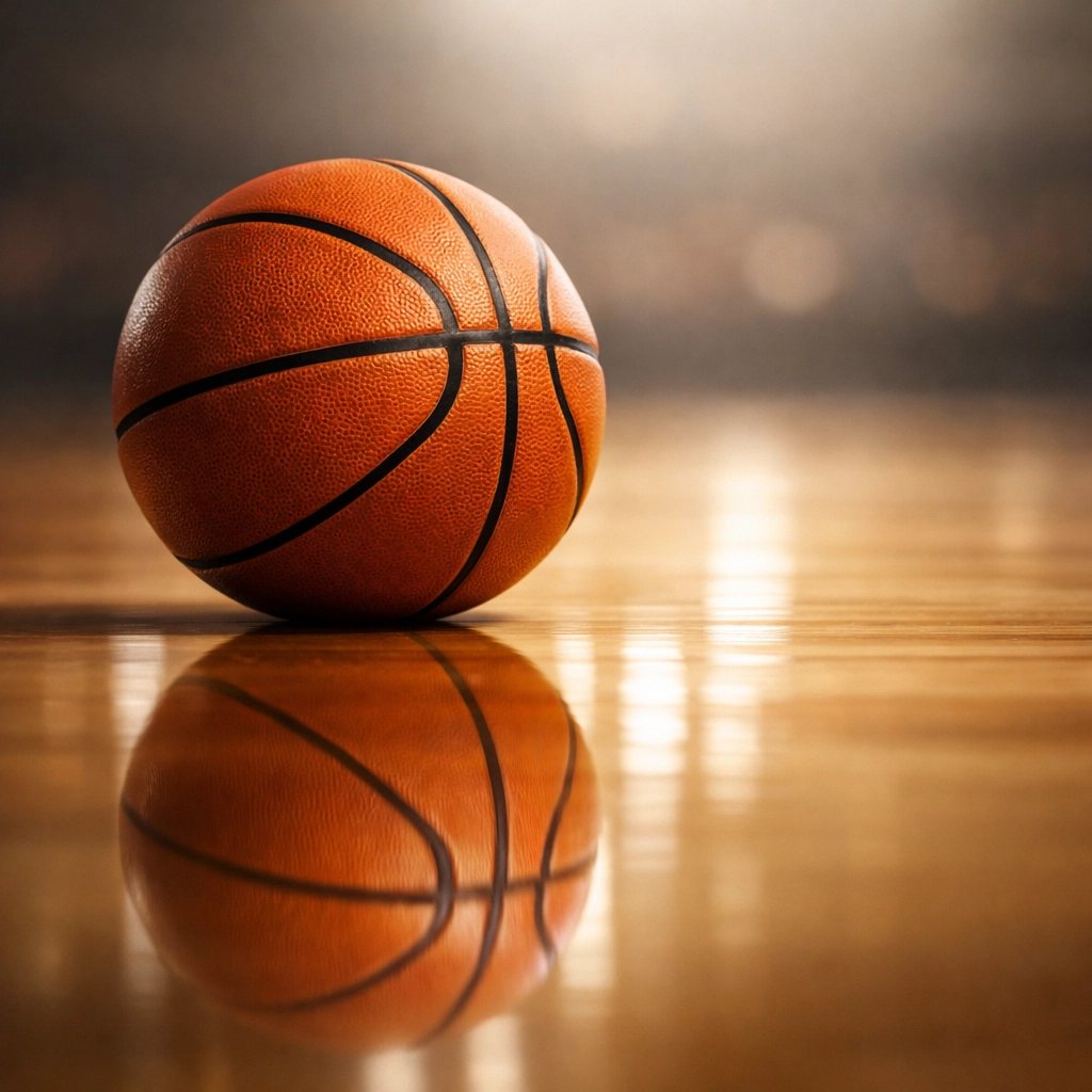 Close-up of a basketball on a polished court representing the Final Four and a successful mortgage loan journey.