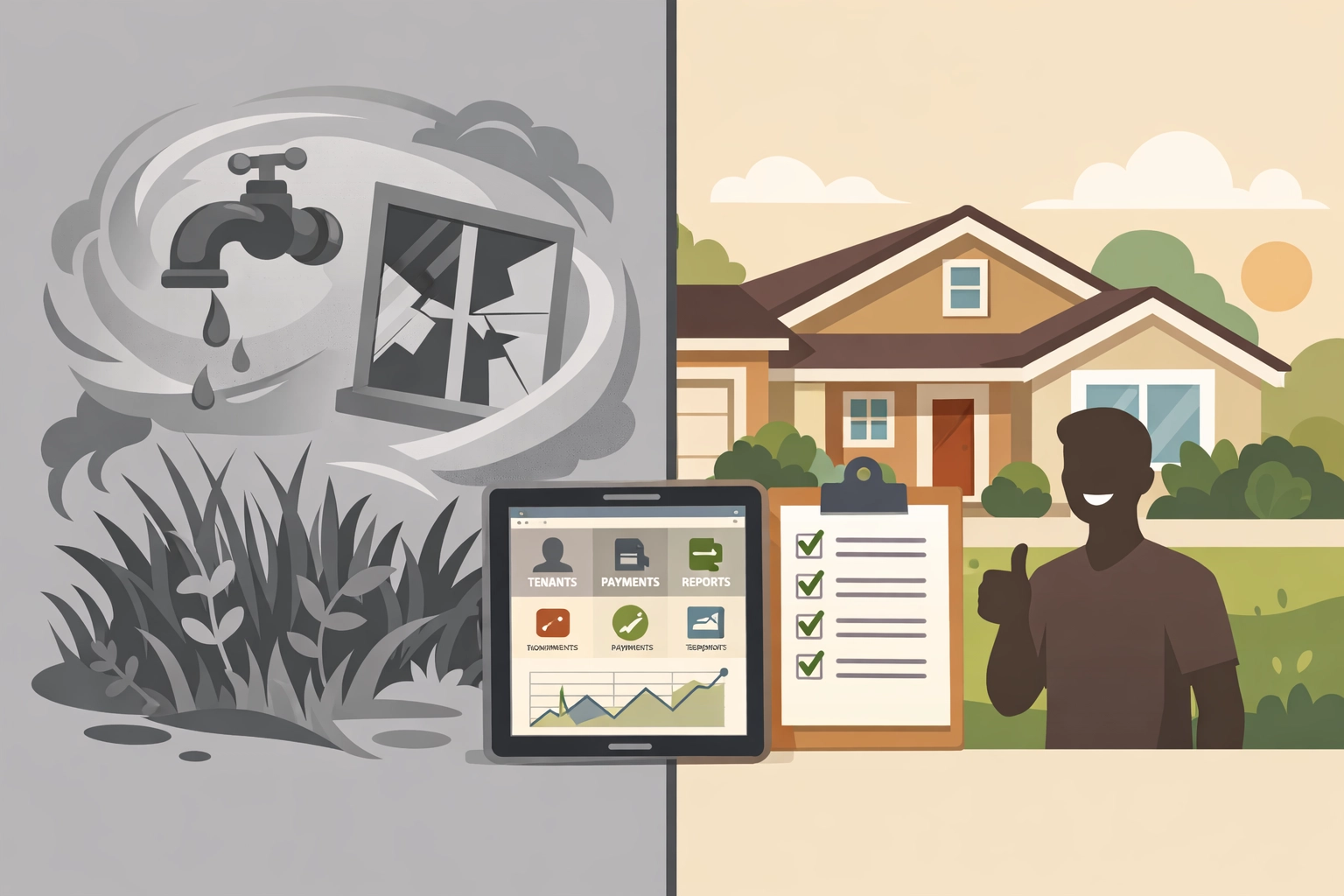 Property management systems comparison showing organized maintenance vs poor upkeep