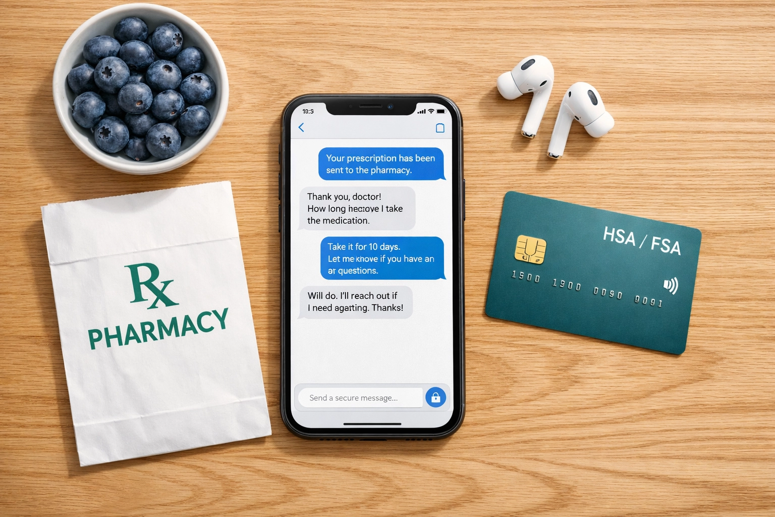Smartphone displaying secure medical messaging next to an HSA card and pharmacy bag for affordable weight loss.