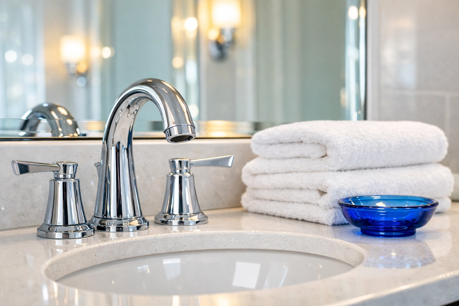 A sparkling clean bathroom vanity with quartz countertops following a house cleaning North Andover MA visit.