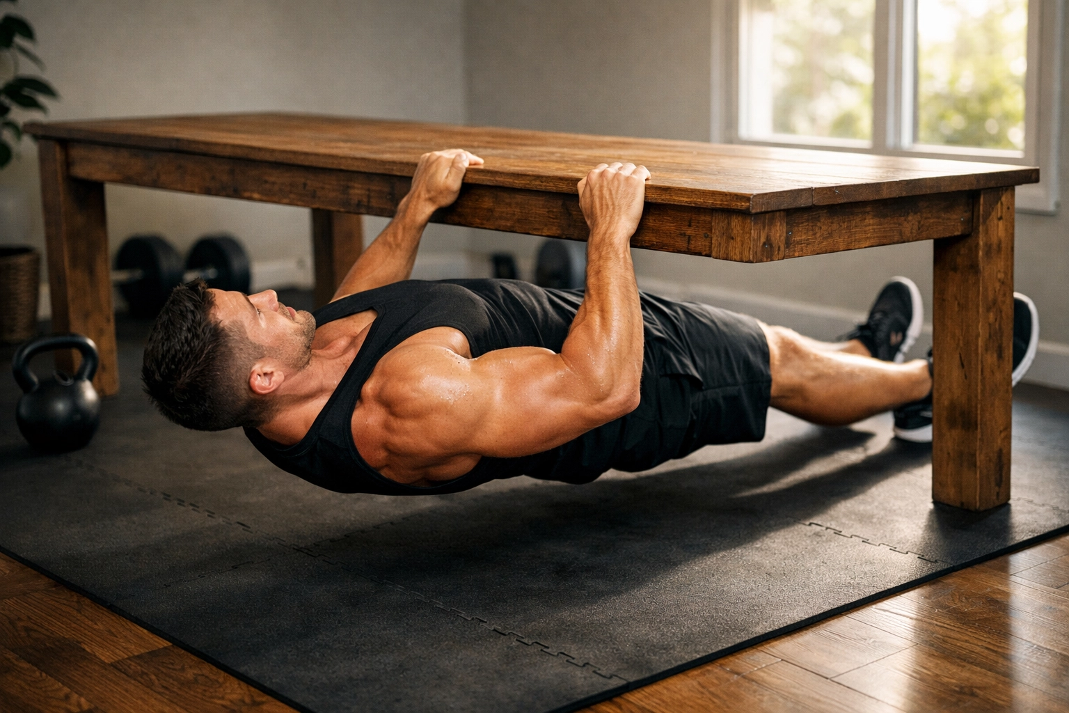 Athlete performing inverted rows under table for bodyweight back training at home