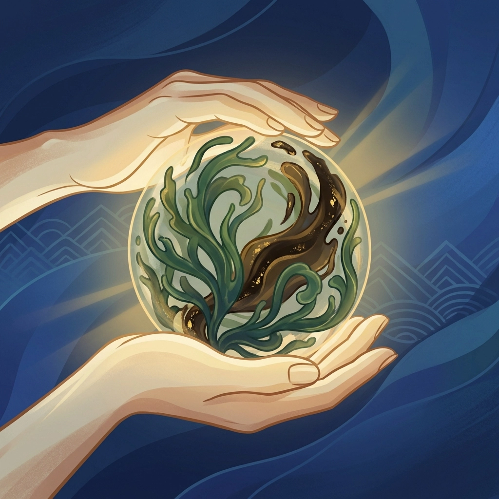 Hands holding a radiant sea moss and shilajit orb, symbolizing powerful natural mineral supplements.