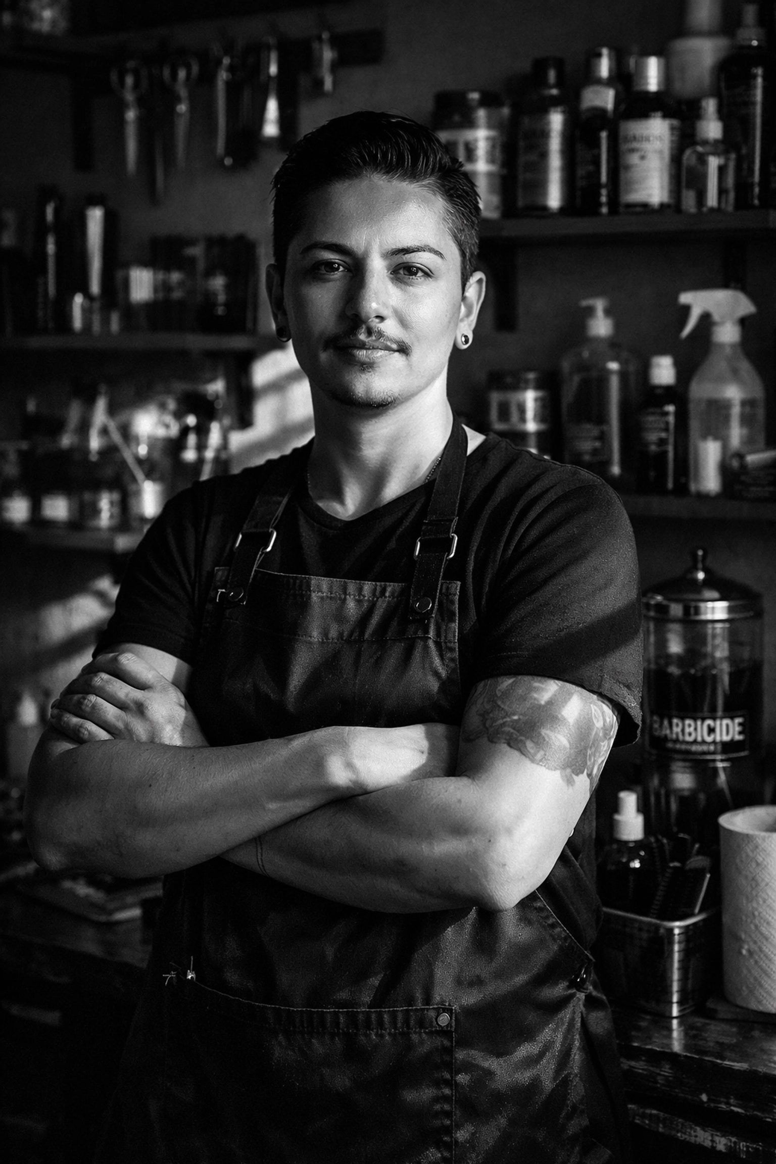 Licensed Ohio barber with organized sterilized tools and sanitation products in shop