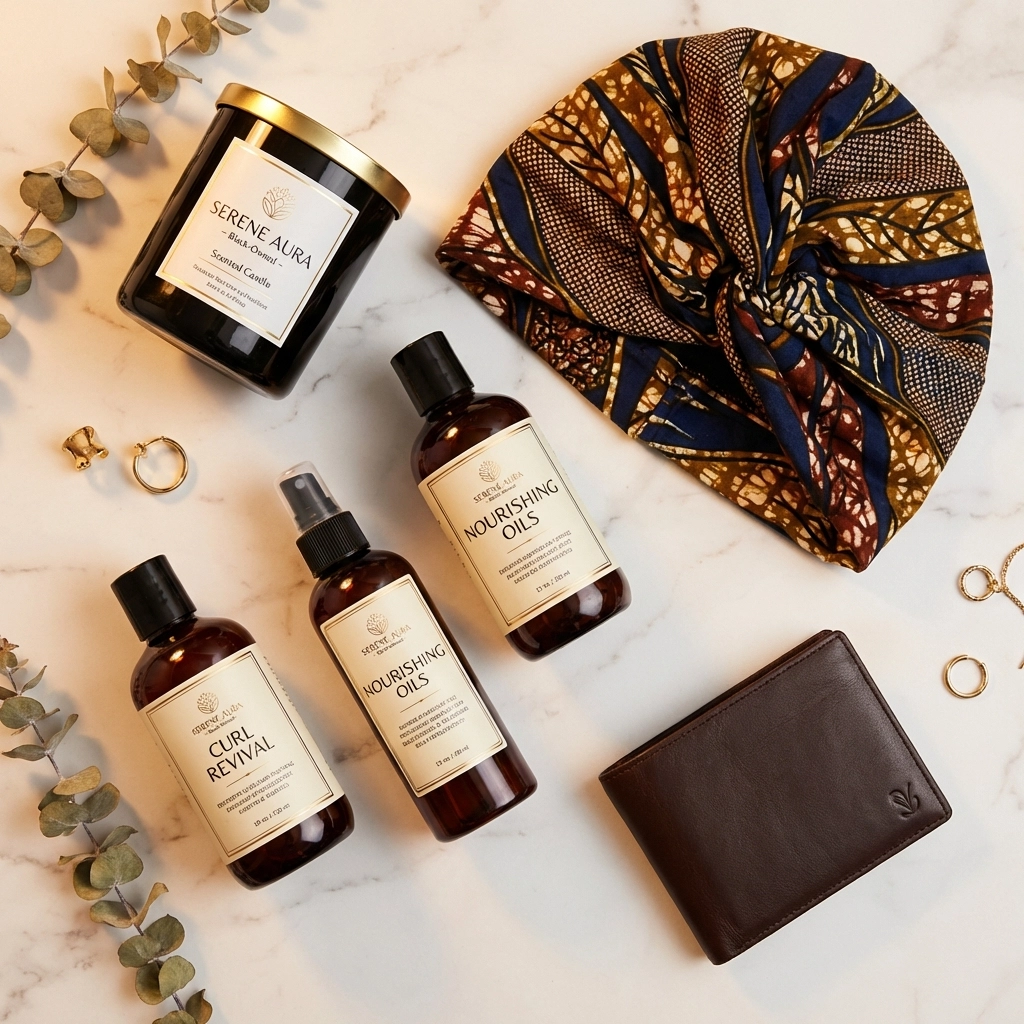 Curated flat lay of Black-owned products including candles, headwraps, and beauty items