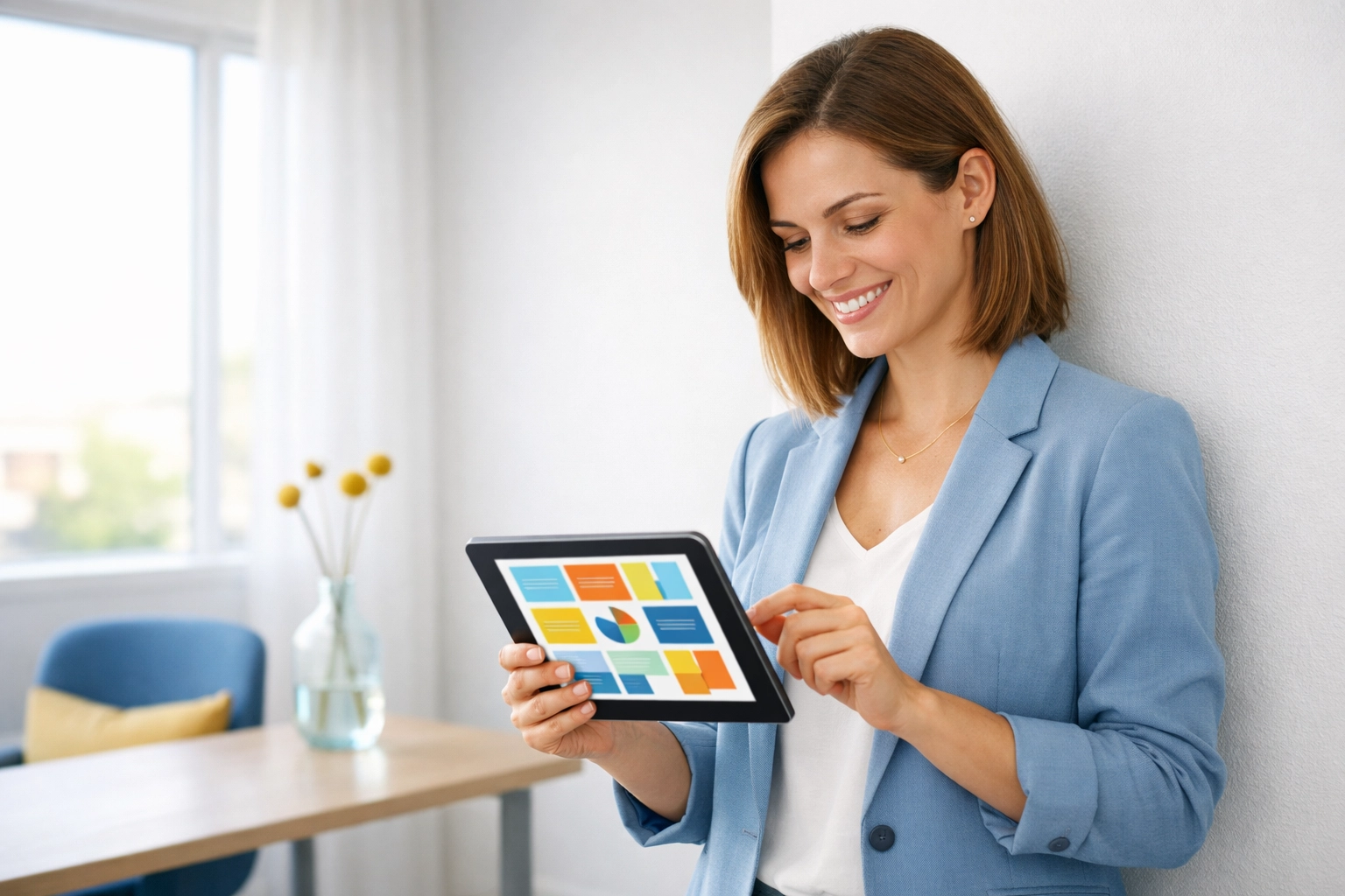 A marketing professional organizing modular content blocks for planned giving campaigns on a tablet.