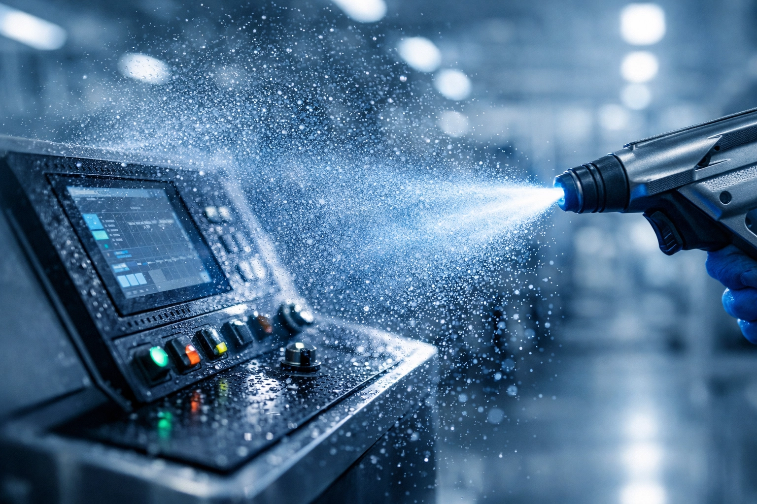 Specialized electrostatic disinfection mist applied to industrial equipment for facility decontamination.