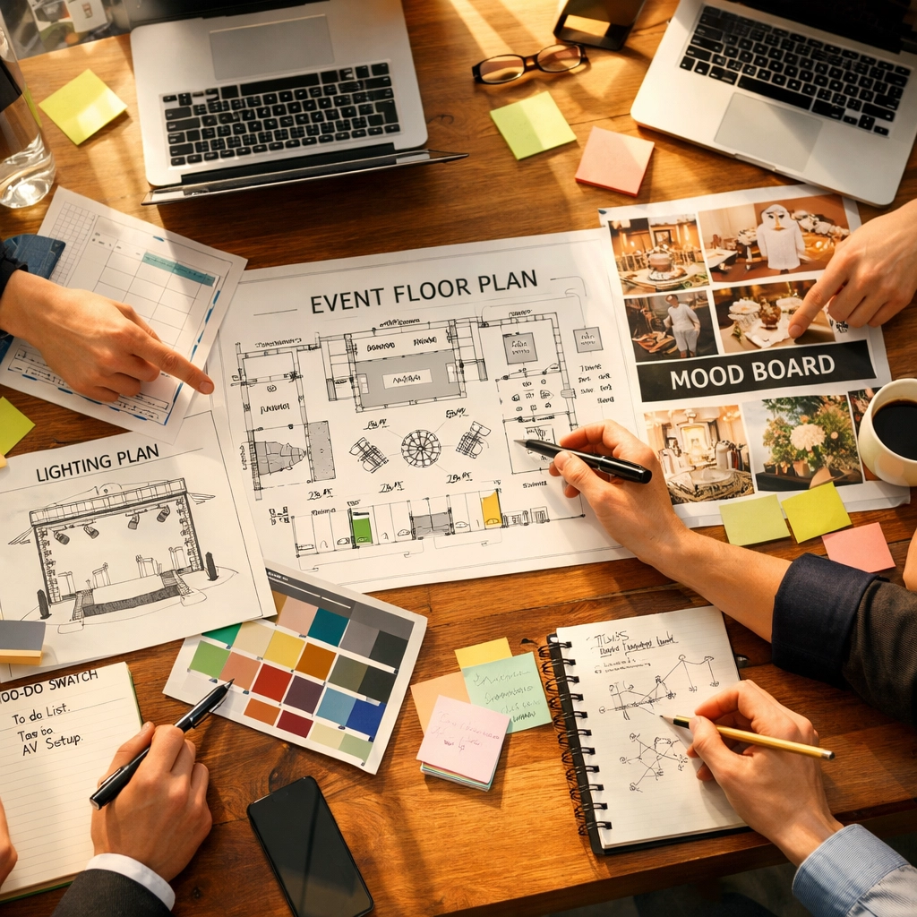 Event planning strategy session with floor plans and design materials on conference table