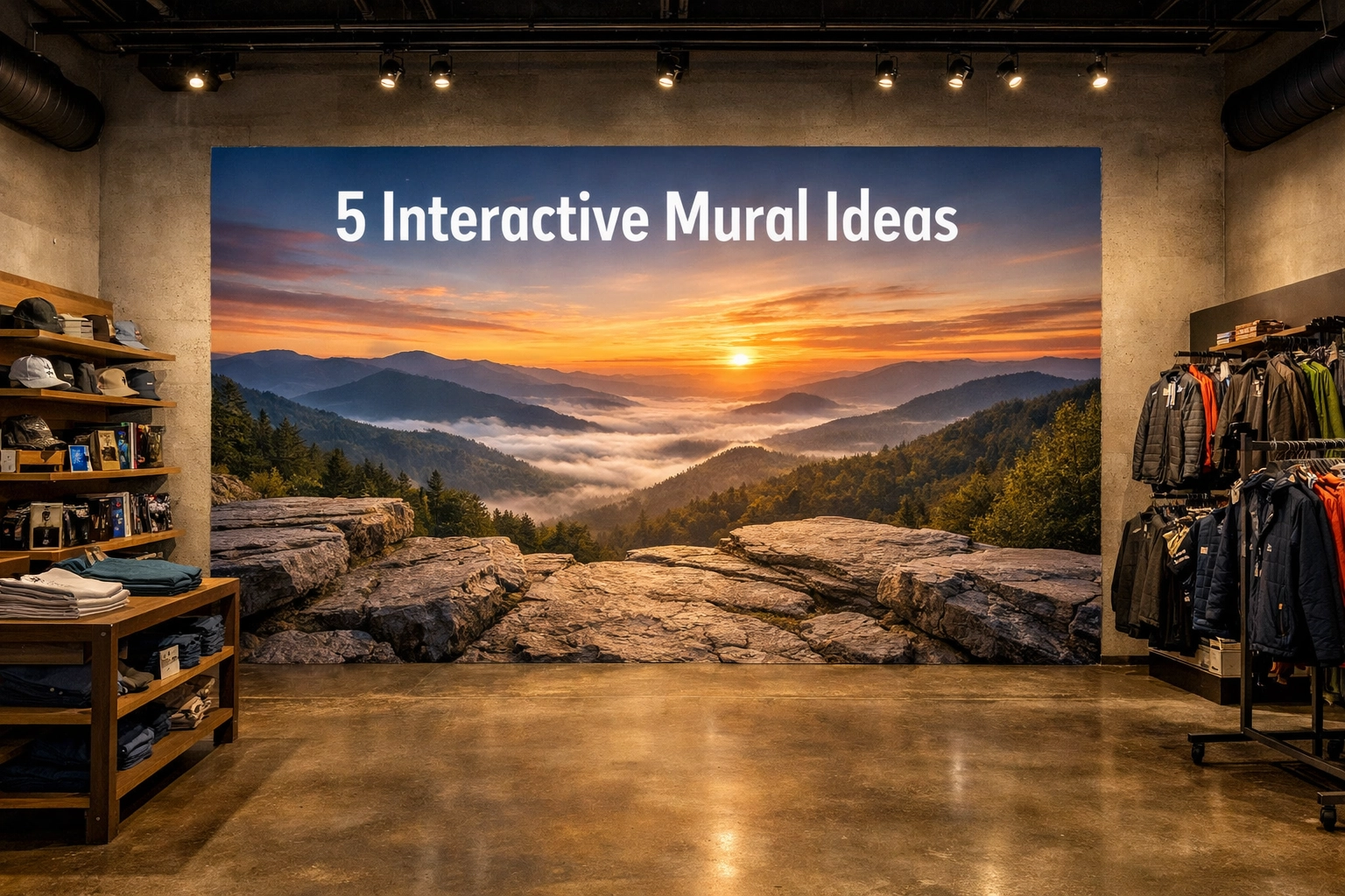 Immersive 3D Smoky Mountains mural on a retail wall, creating an interactive landscape experience for shoppers.