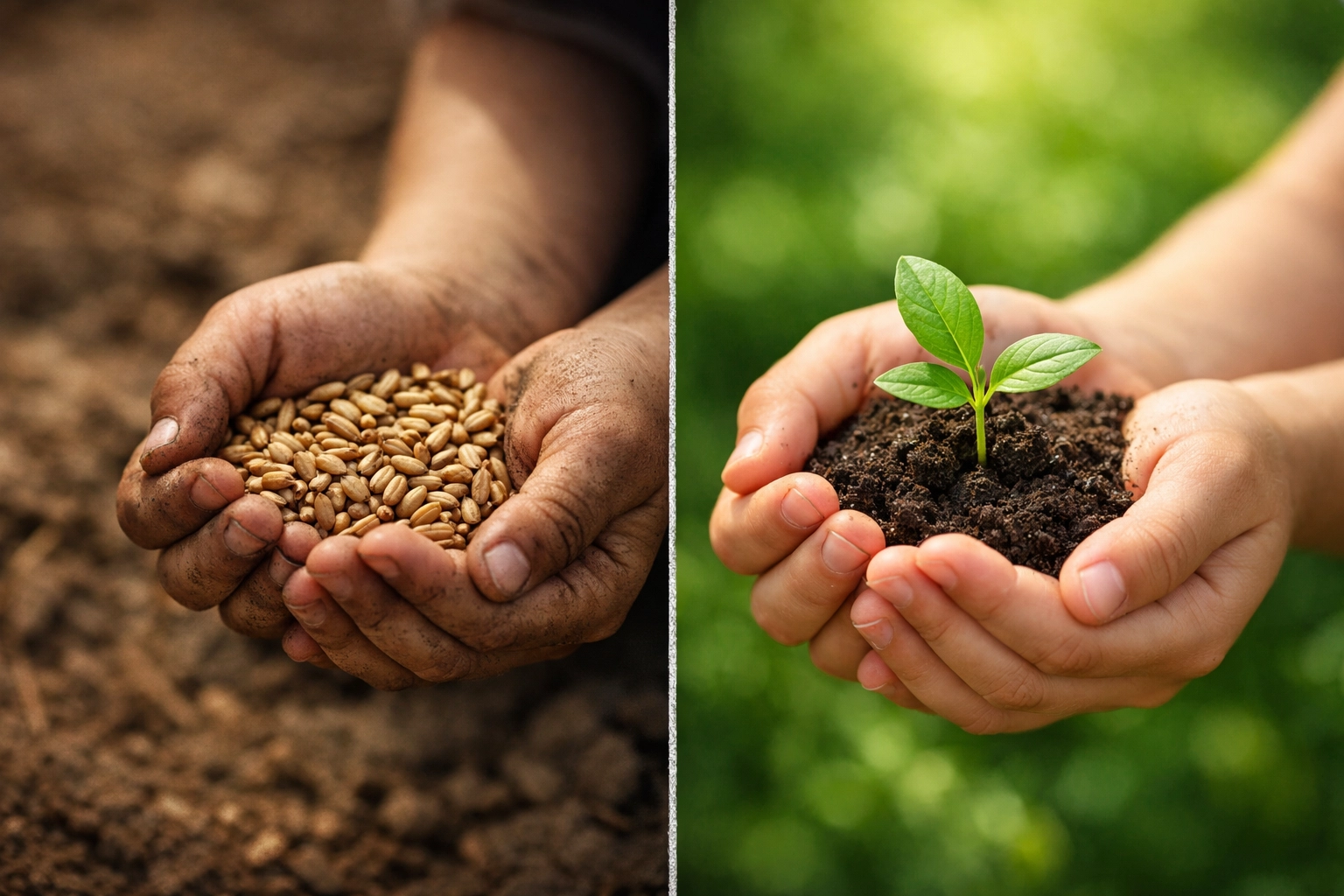 Child's hands holding grain transforming to growing plant symbolizing hunger relief and hope