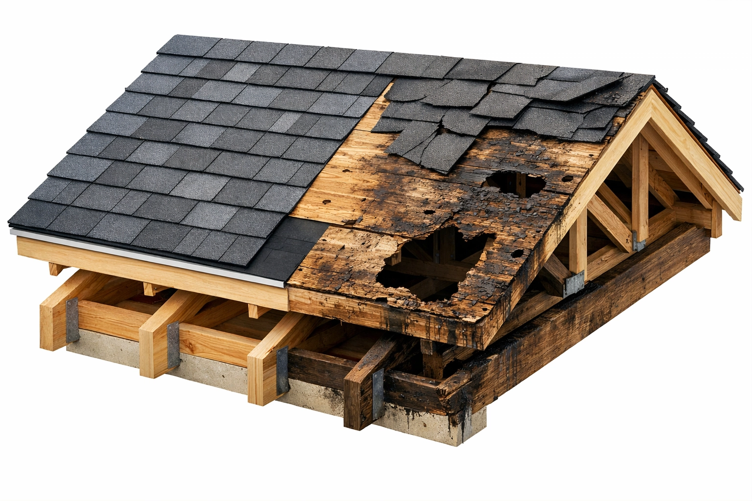 Cross-section of roof structure showing healthy and damaged areas during inspection