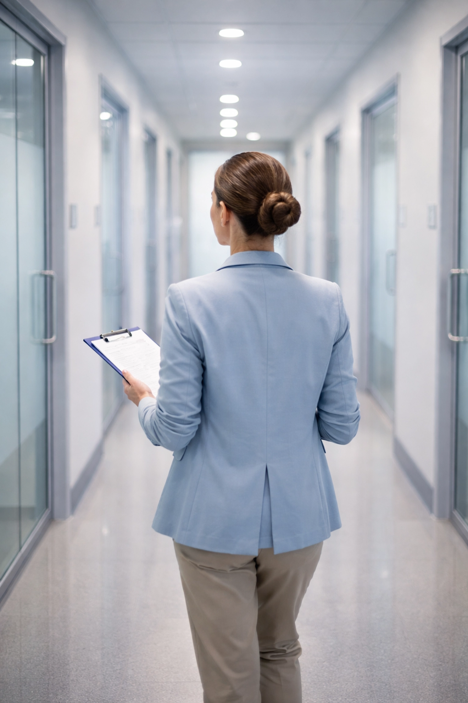 Healthcare surveyor inspecting a medical office hallway, emphasizing the importance of tailored office policies and compliance