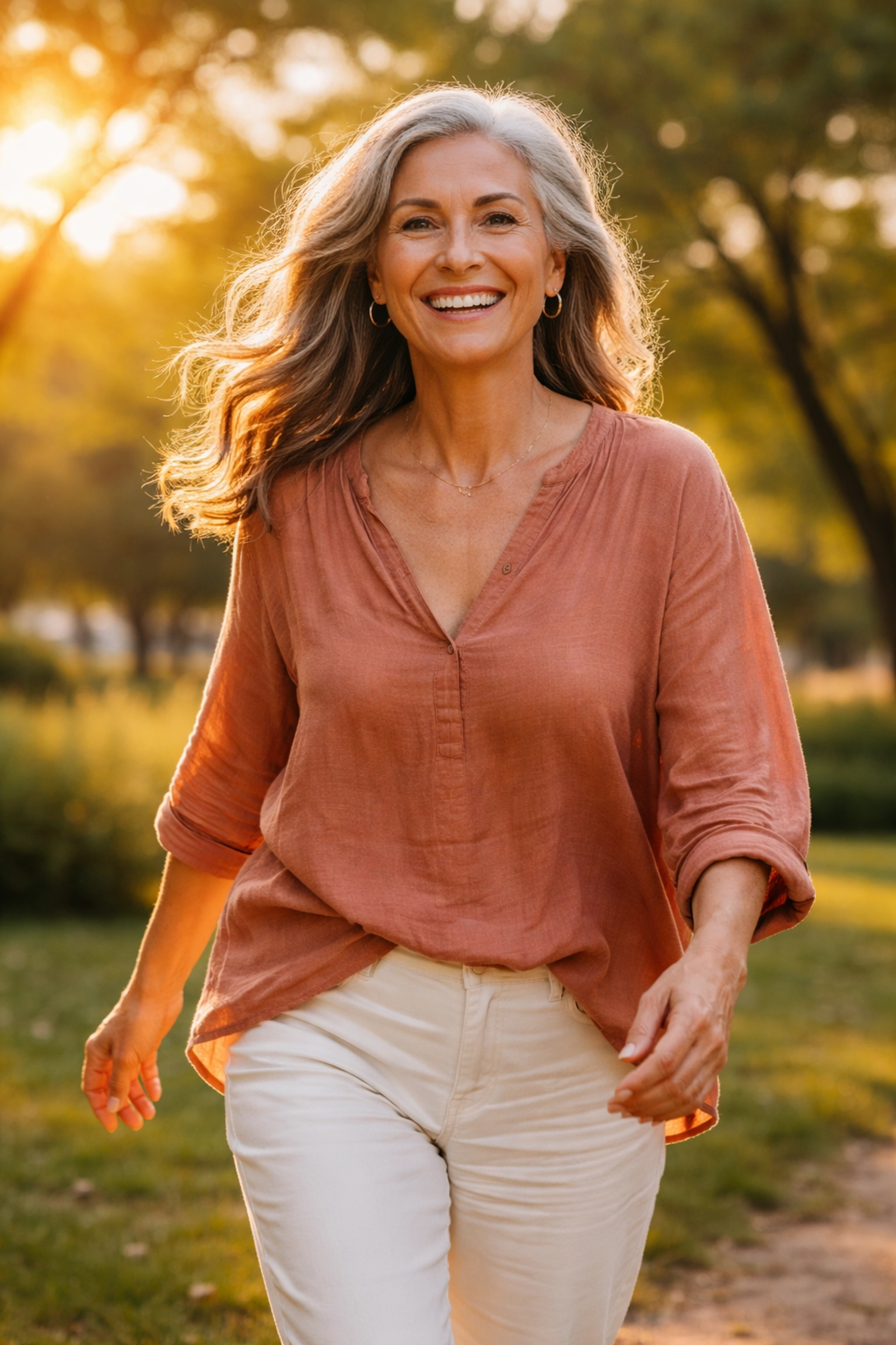 Confident woman in her 50s smiling outside, showing menopause relief and restored vitality with hormone replacement therapy.