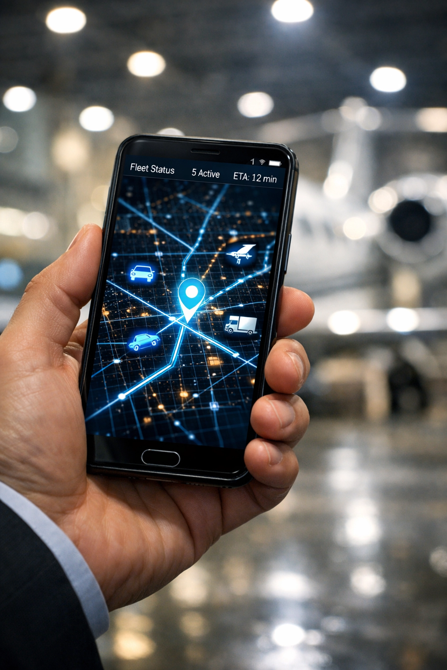 A digital logistics map on a smartphone at a private jet terminal for executive travel coordination.
